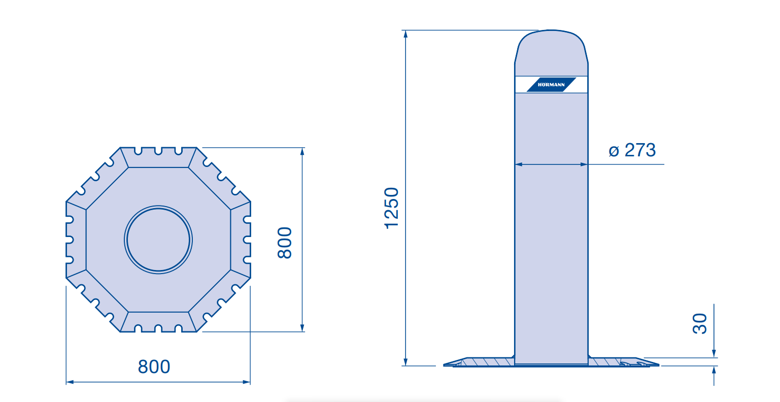 Technische Zeichnung der Hörmann mobilen Fahrzeugsperre OktaBlock mit Massen und Aufbau