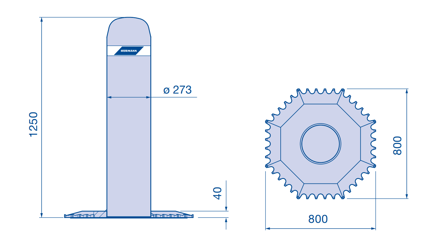 Technische Zeichnung der Hörmann mobilen Fahrzeugsperre OktaBlock TR mit Abmessungen und Aufbau